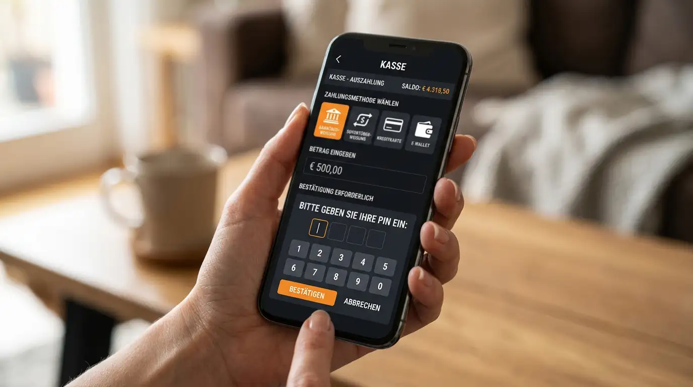 Smartphone in der Hand mit geöffneter Casino-App und sichtbarem Paysafecard-Kassenbereich