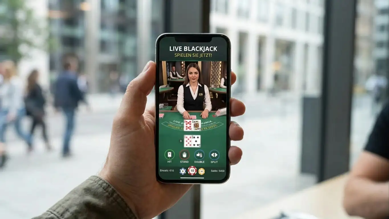 Smartphone mit Live-Blackjack-App und HD-Stream eines Dealers
