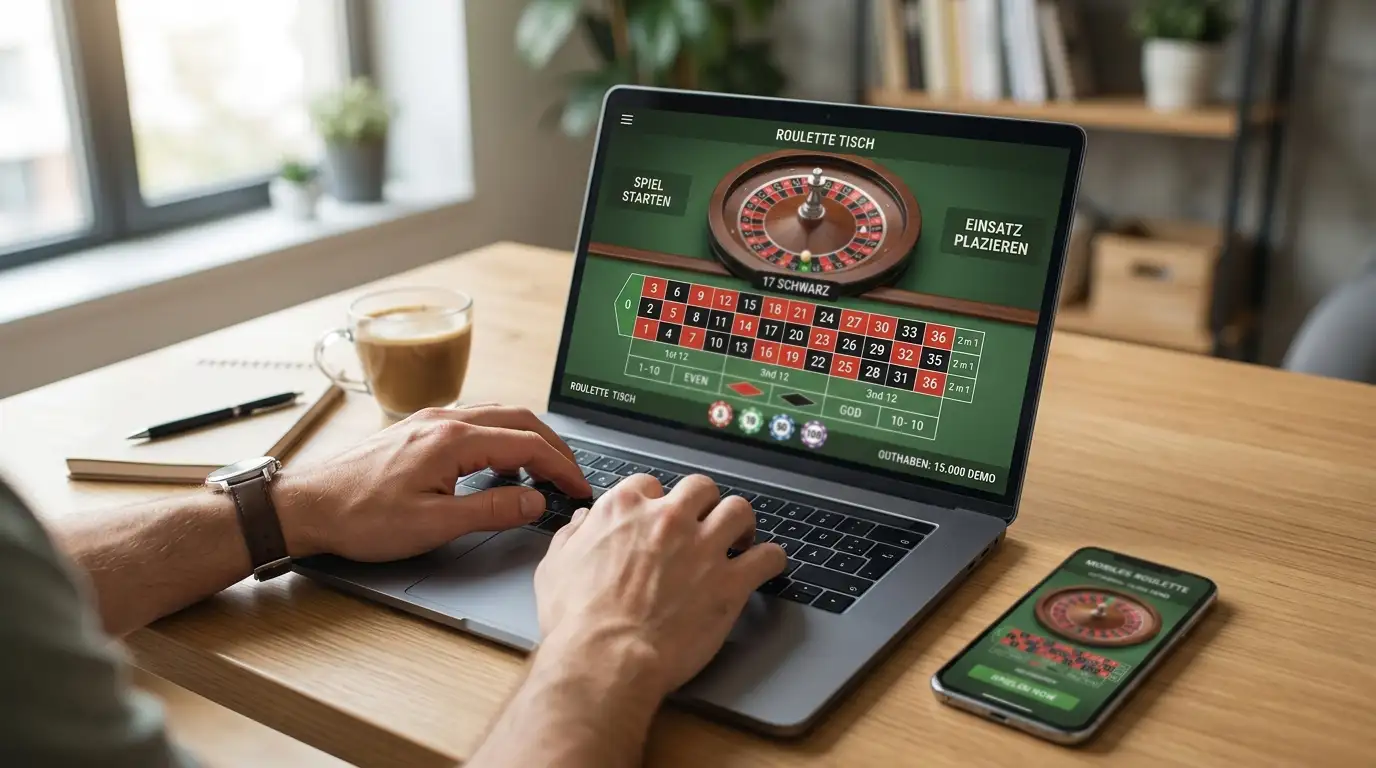 Person am Laptop mit Live-Casino-Interface auf dem Bildschirm
