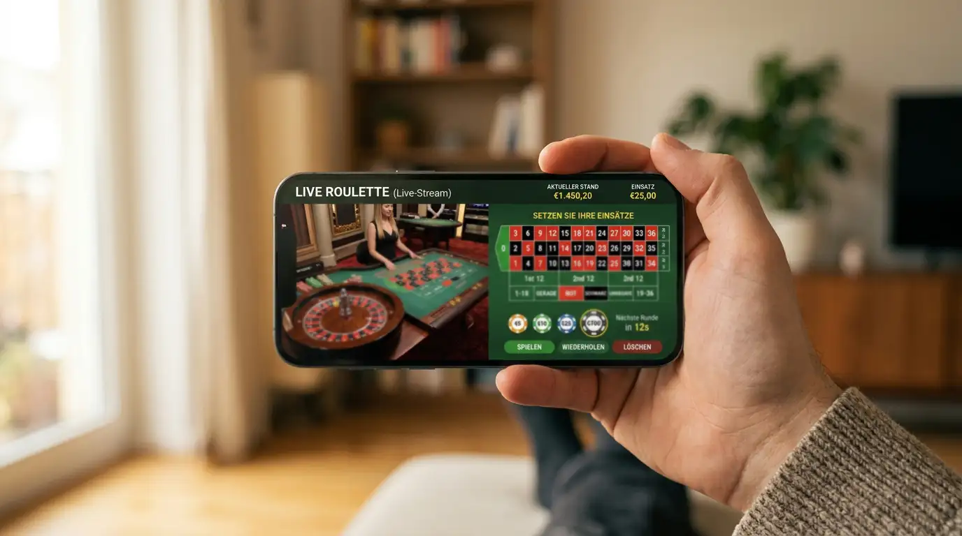 Smartphone mit Live-Roulette-App und HD-Streaming-Qualität