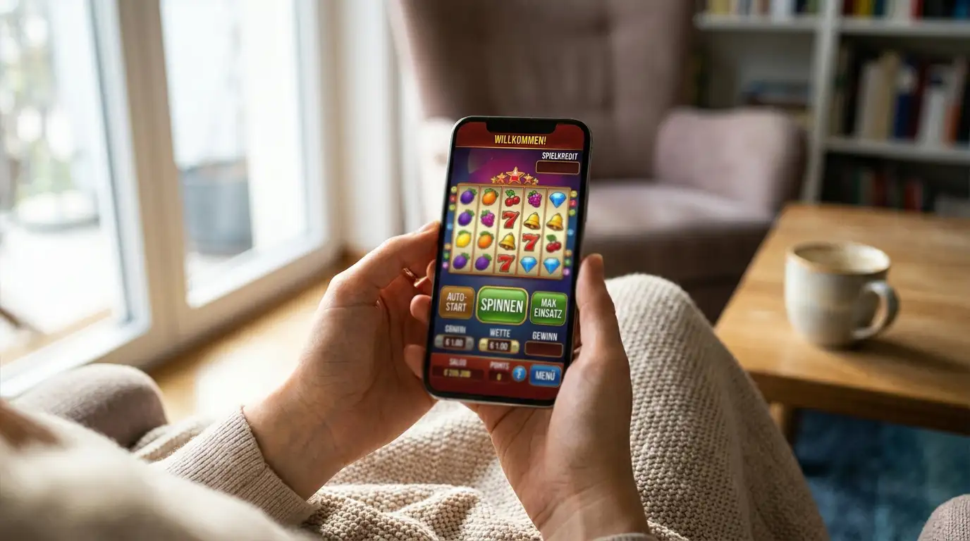 Smartphone mit Slot-Spiel in der Hand im häuslichen Umfeld