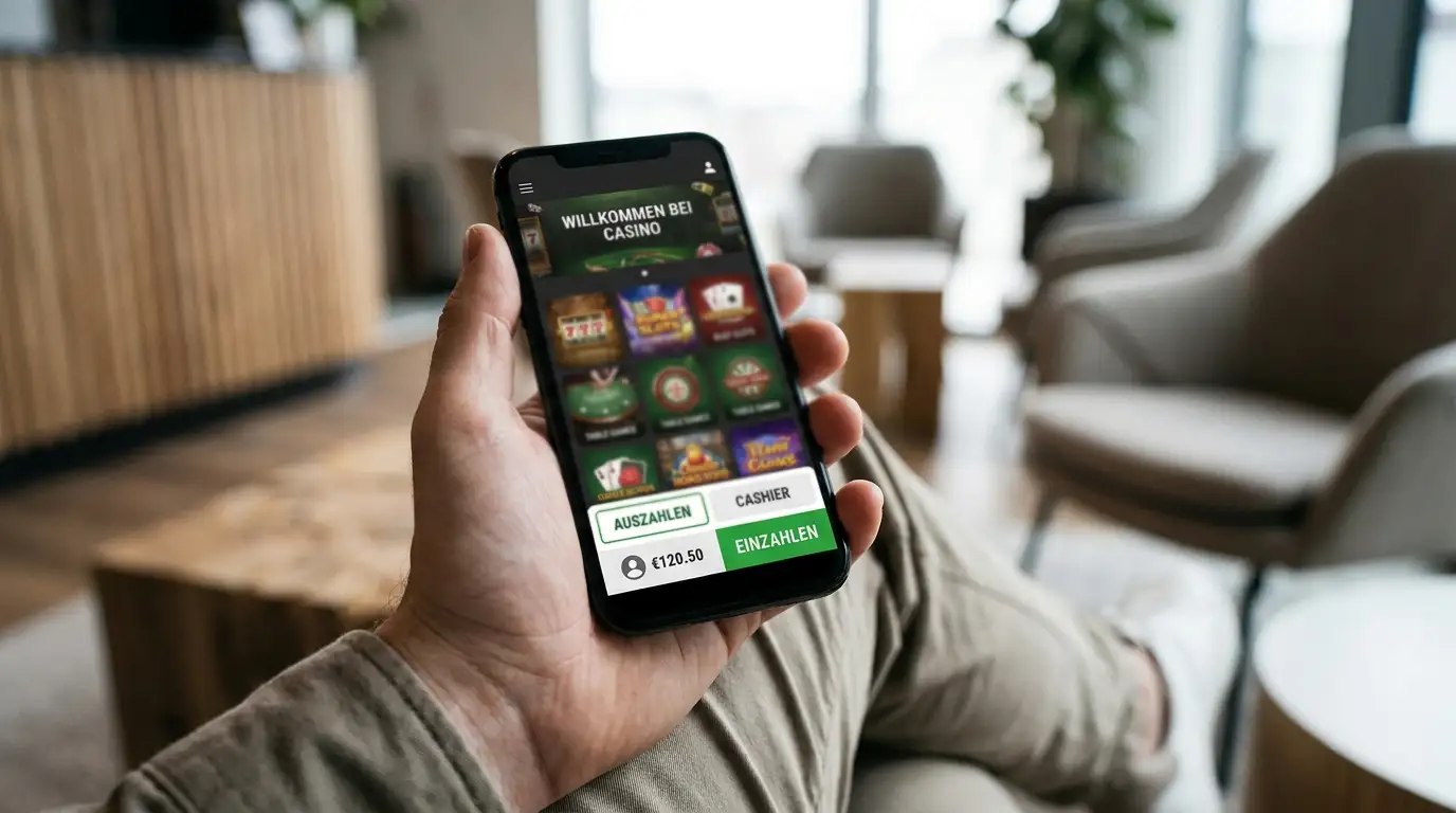 Smartphone mit neutraler Casino-Lobby und dezenter Kassenleiste