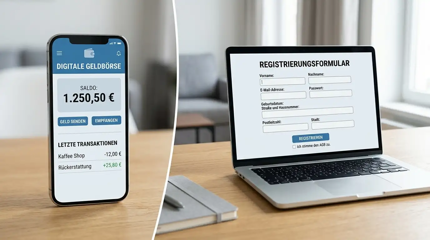 Zwei Ebenen: myPaysafe-App auf Smartphone und Casino-Registrierungsformular auf Laptop