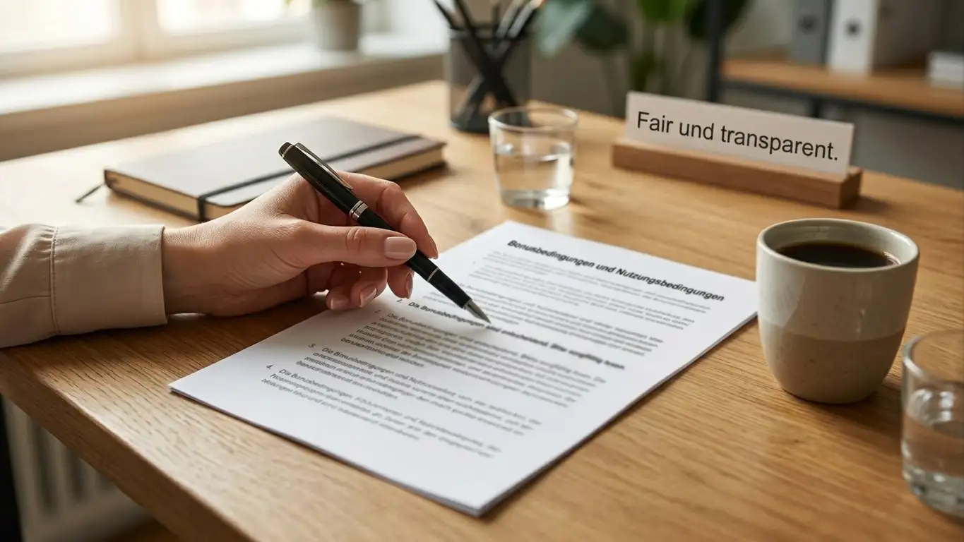 Ruhige Schreibtischszene mit offenen Bonusbedingungen auf Papier und einer ruhigen Tasse Kaffee