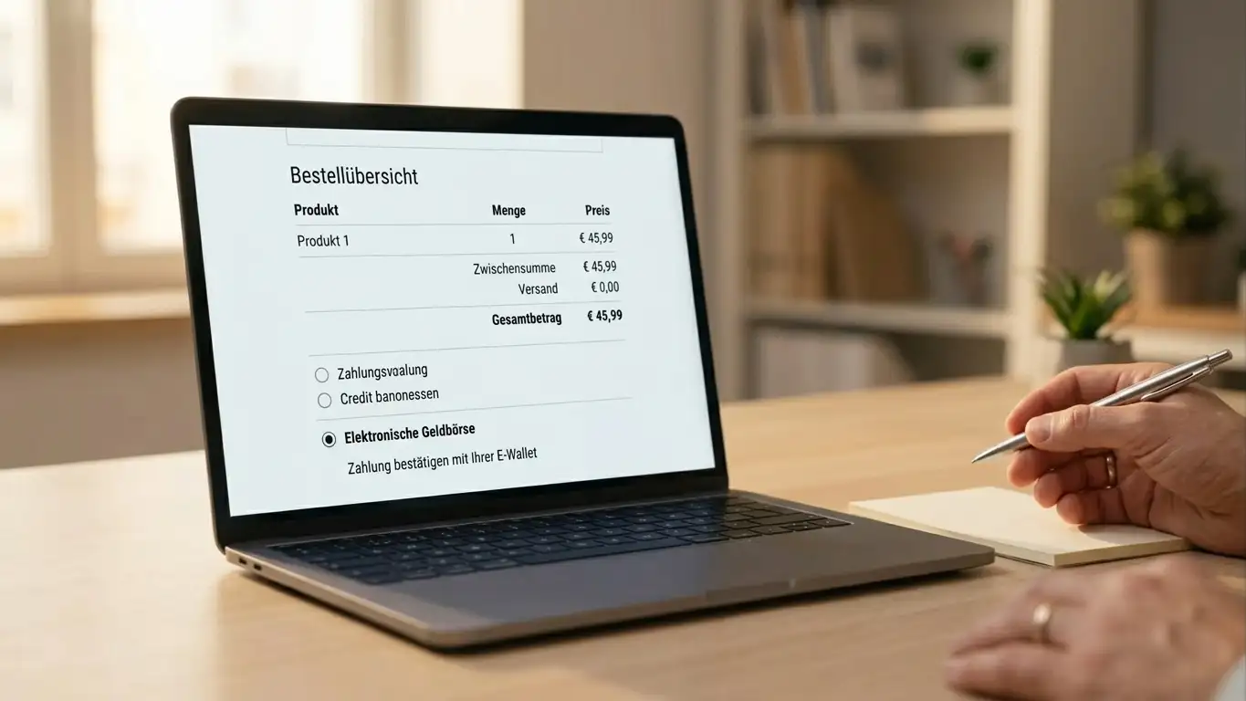 Neutrale Kassenansicht mit ausgewählter elektronischer Geldbörse und bestätigtem Zahlungsbetrag