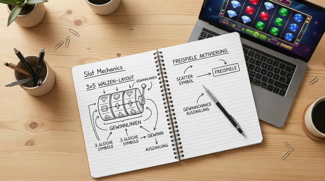 Notizbuch mit handgezeichneten Diagrammen zur Slot-Mechanik, Laptop im Hintergrund zeigt farbige Edelsteinsymbole