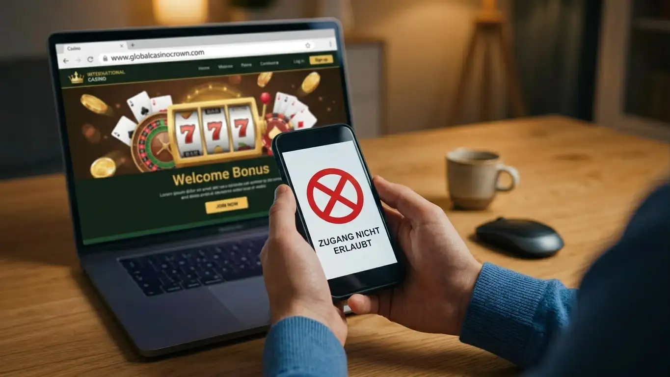 Person prüft Smartphone mit OASIS-Sperre und Laptop mit ausländischem Casino