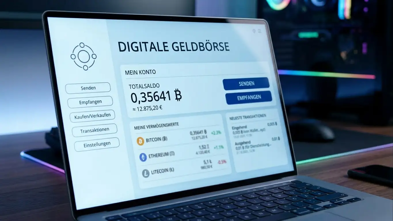 Laptop-Bildschirm mit Crypto-Wallet-Interface und Bitcoin-Symbol, moderne Tech-Atmosphäre