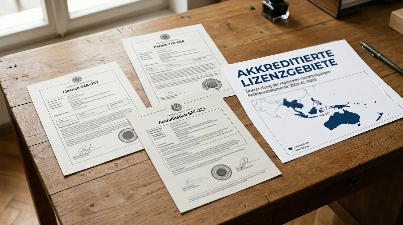 Stilisierte Karte mit zwei hervorgehobenen Regionen вЂ” eine kleine Karibikinsel und eine mediterrane Insel вЂ” neutrale Dokumentenmappe im Vordergrund