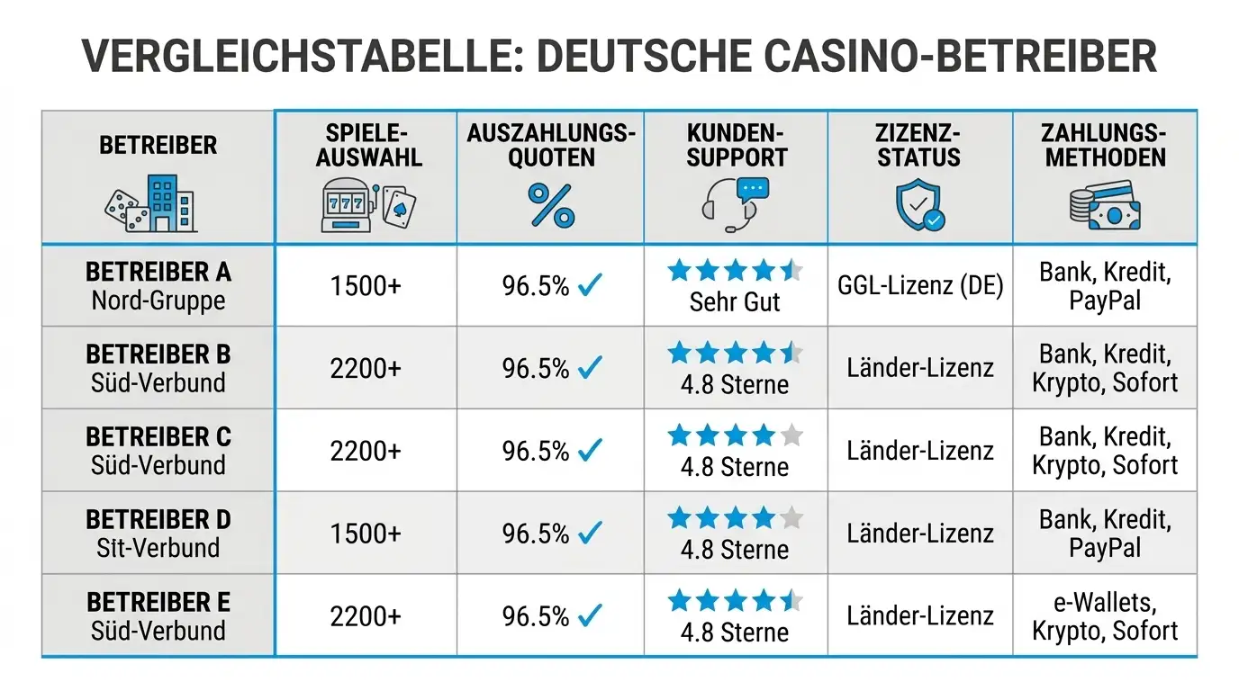 Übersichtliche Vergleichstabelle mit Casino-Namen und Kennzahlen