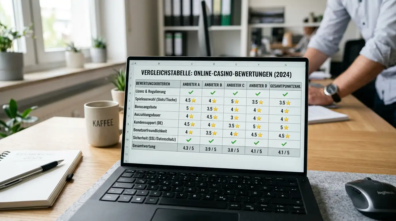Vergleichstabelle auf Laptop-Bildschirm mit Casino-Bewertungen