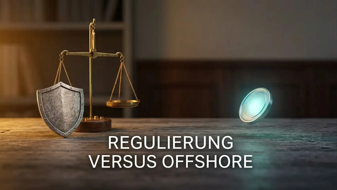 Symbolische Darstellung deutscher Regulierung mit Waage, Schutzschild und einem offshore treibenden Bonusangebot
