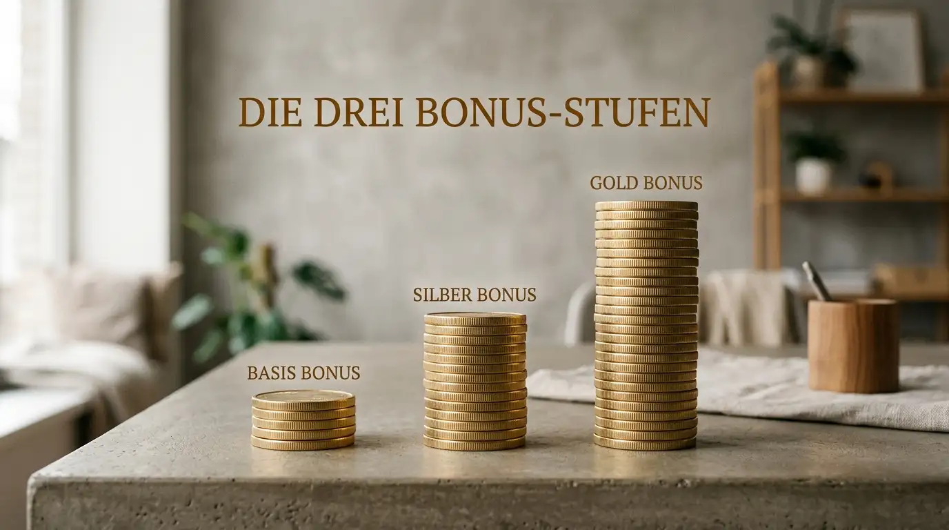 Bonus-Tiers im Vergleich: 100, 200 und 300 Prozent mit Hebel und Umsatzaufwand gegenübergestellt