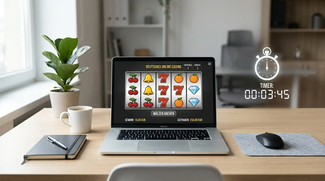 Moderner Laptop auf Schreibtisch mit neutralen Spielautomaten-Symbolen und Zeitmesser