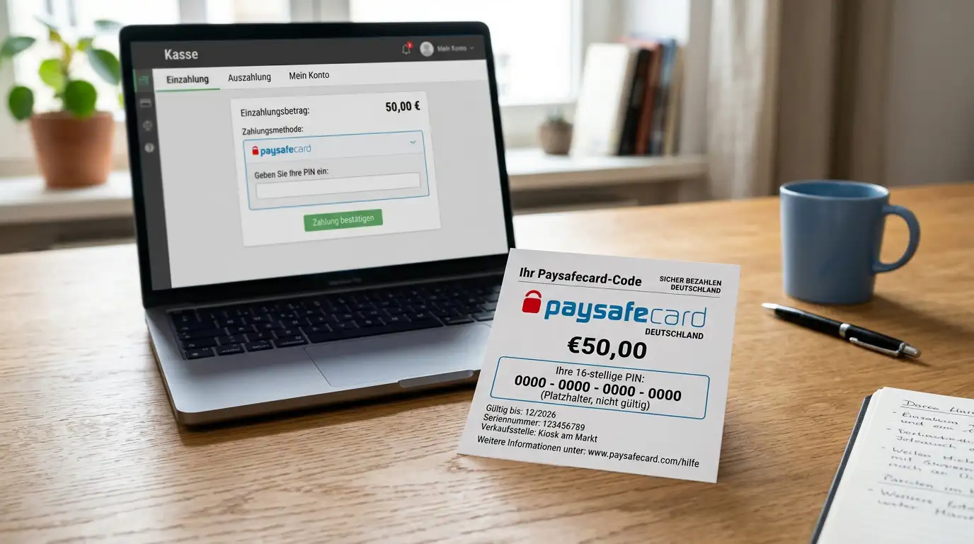 Paysafecard-Code im Casino einlösen — Gutschein mit 16-stelliger PIN und Laptop