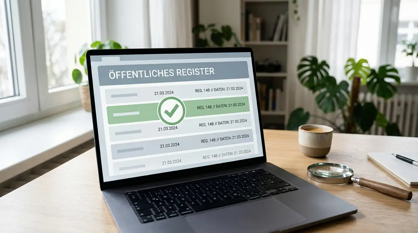 Prüfung einer MGA-Lizenznummer im offiziellen Register am Bildschirm