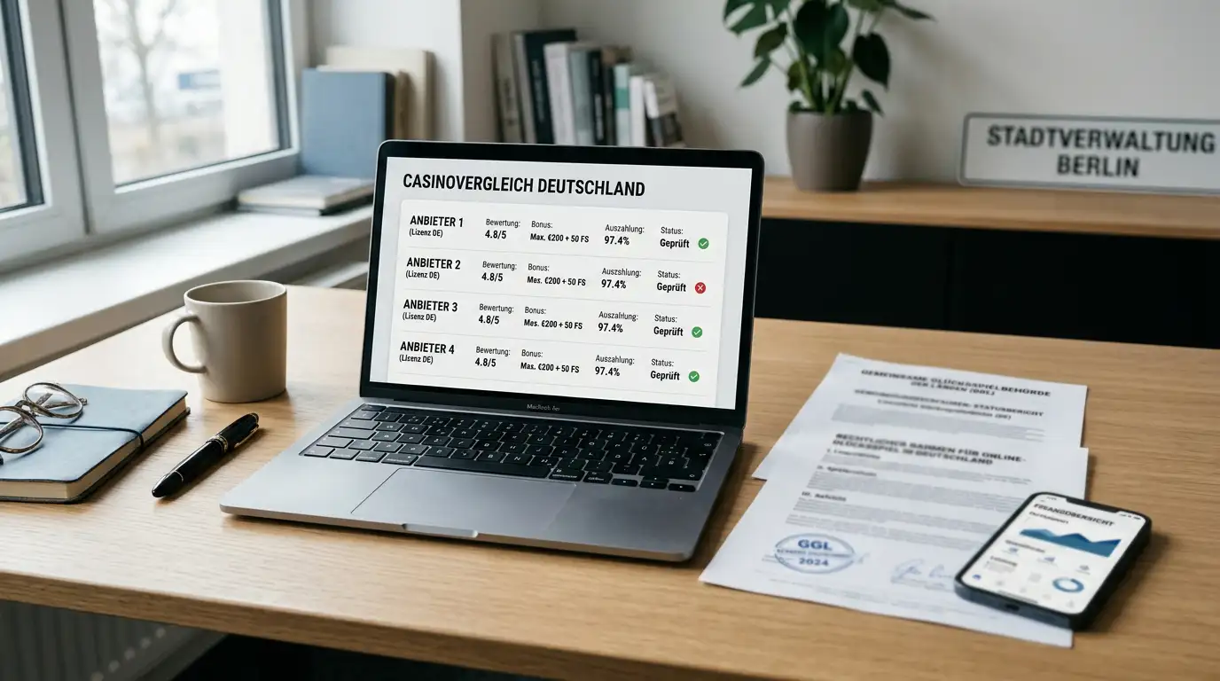 Schreibtisch mit Laptop und offiziellen Dokumenten zu Glücksspielregulierung in Deutschland