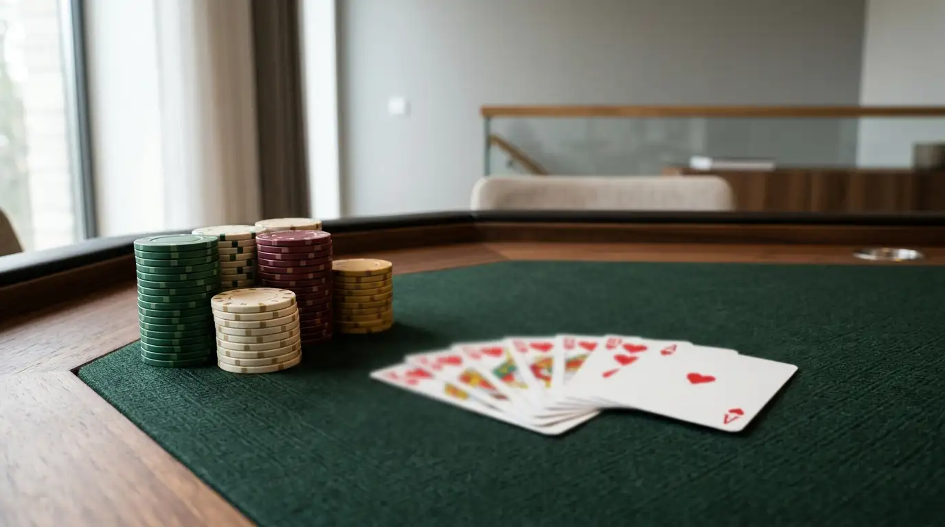 Online-Poker-Casinos: Professioneller Pokertisch mit Karten und Chips in modernem Setting