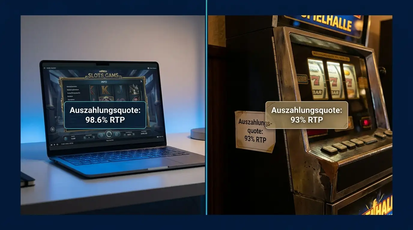 Split-Screen: links Online-Slot auf Laptop, rechts Spielhallen-Automat