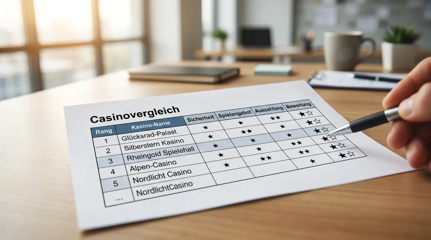 Vergleichsdokument mit Casino-Namen und Bewertungen auf Schreibtisch