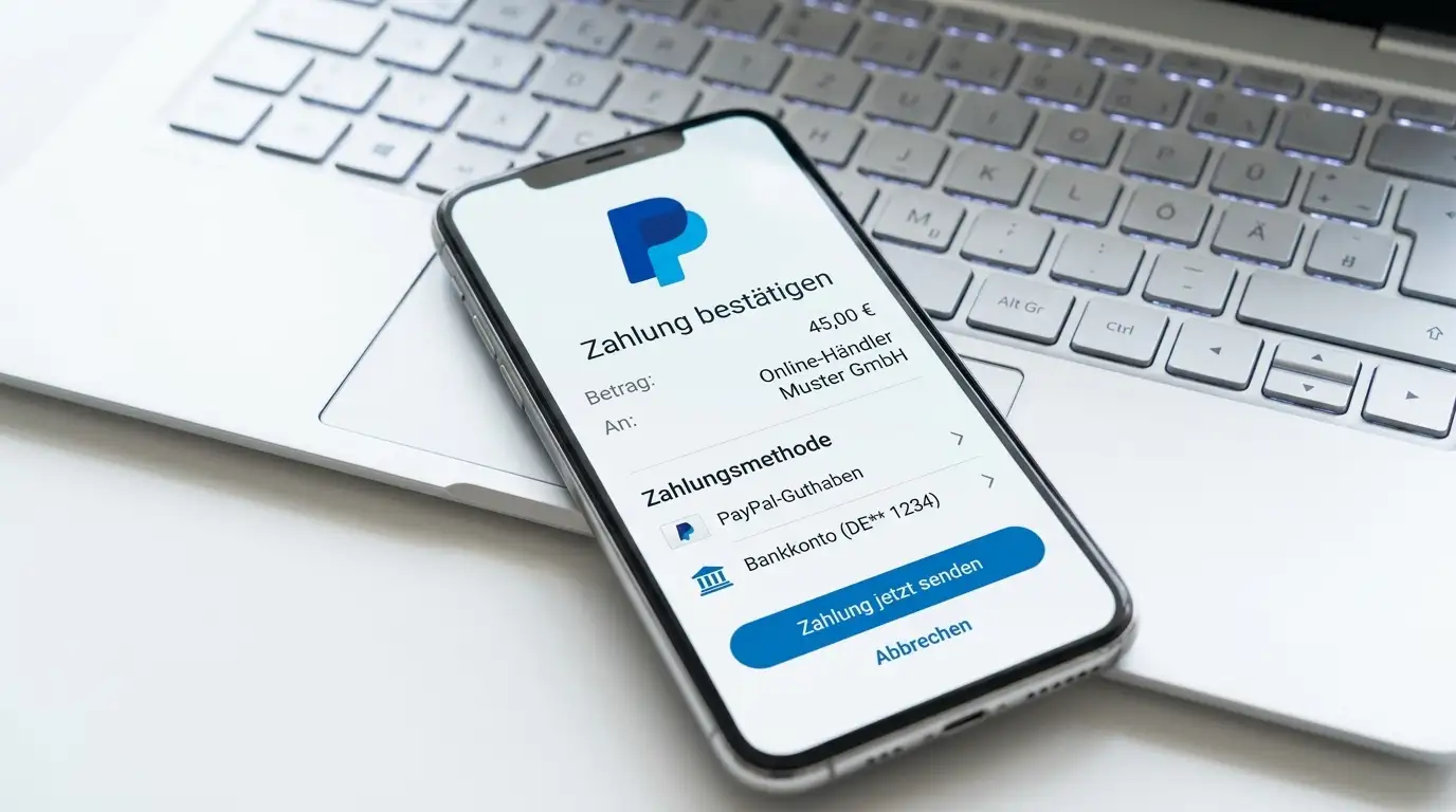PayPal-Logo auf Smartphone-Bildschirm neben Laptop