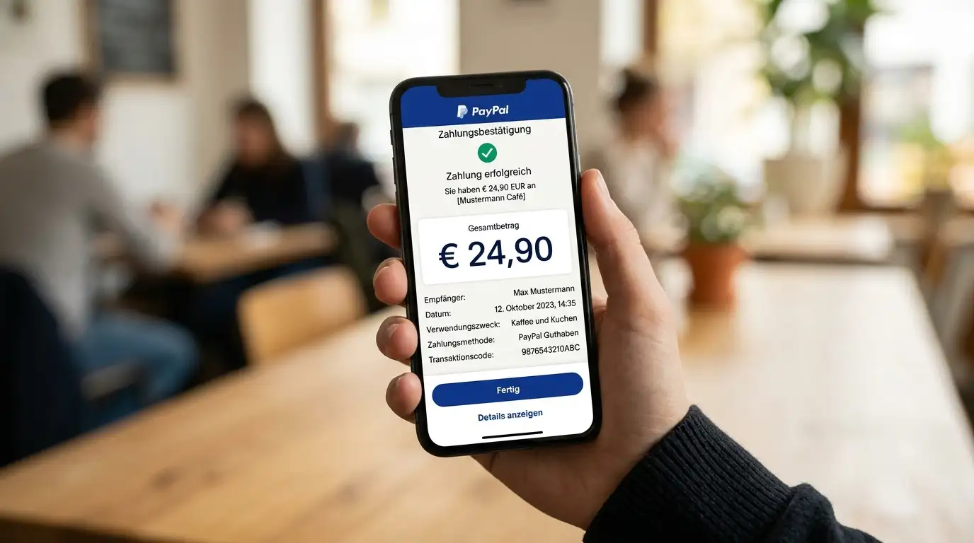 Smartphone mit PayPal-App und Zahlungsbestätigungsbildschirm