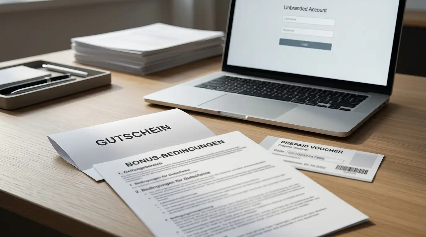 Neutrale Bonusbedingungen und Umsatzregeln auf einem Schreibtisch neben einem Paysafecard-Gutschein