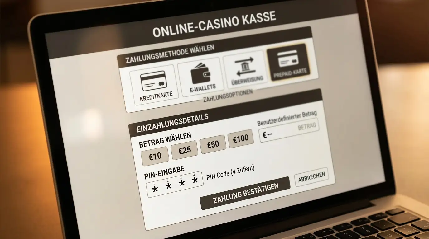 Kassenbereich im Online-Casino mit Paysafecard-Auswahl und PIN-Eingabefeld