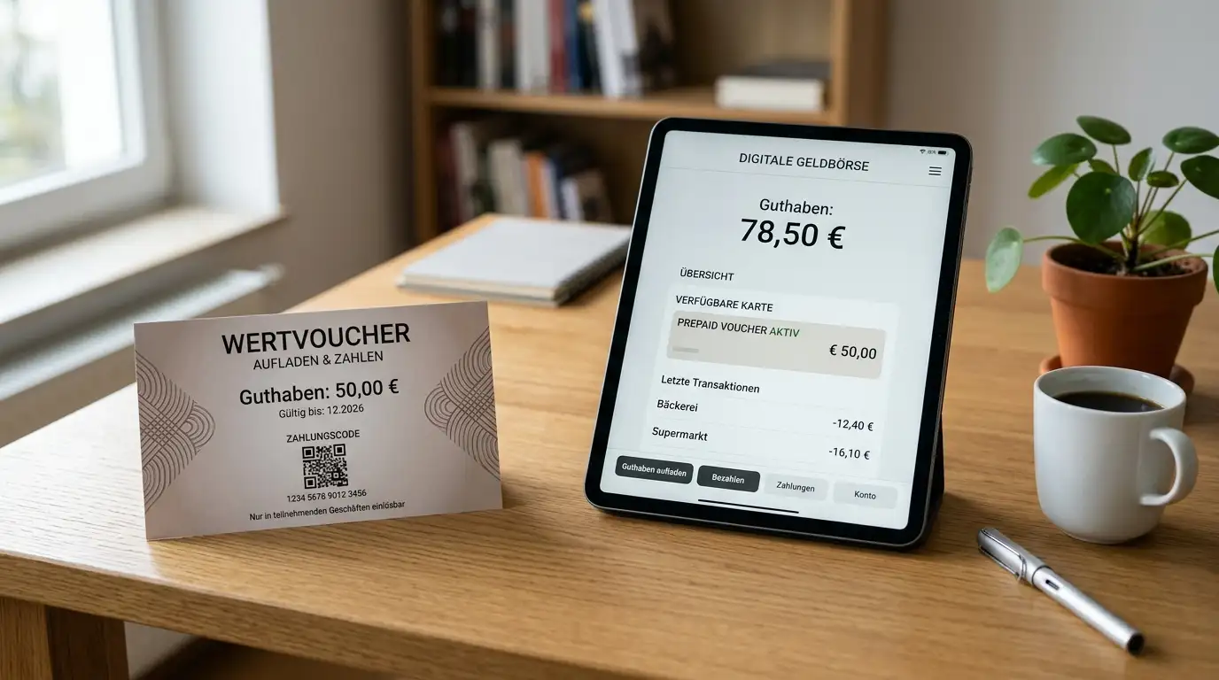 Paysafecard-Konto und einzelner Gutschein als übersichtliche Zahlungsentscheidung