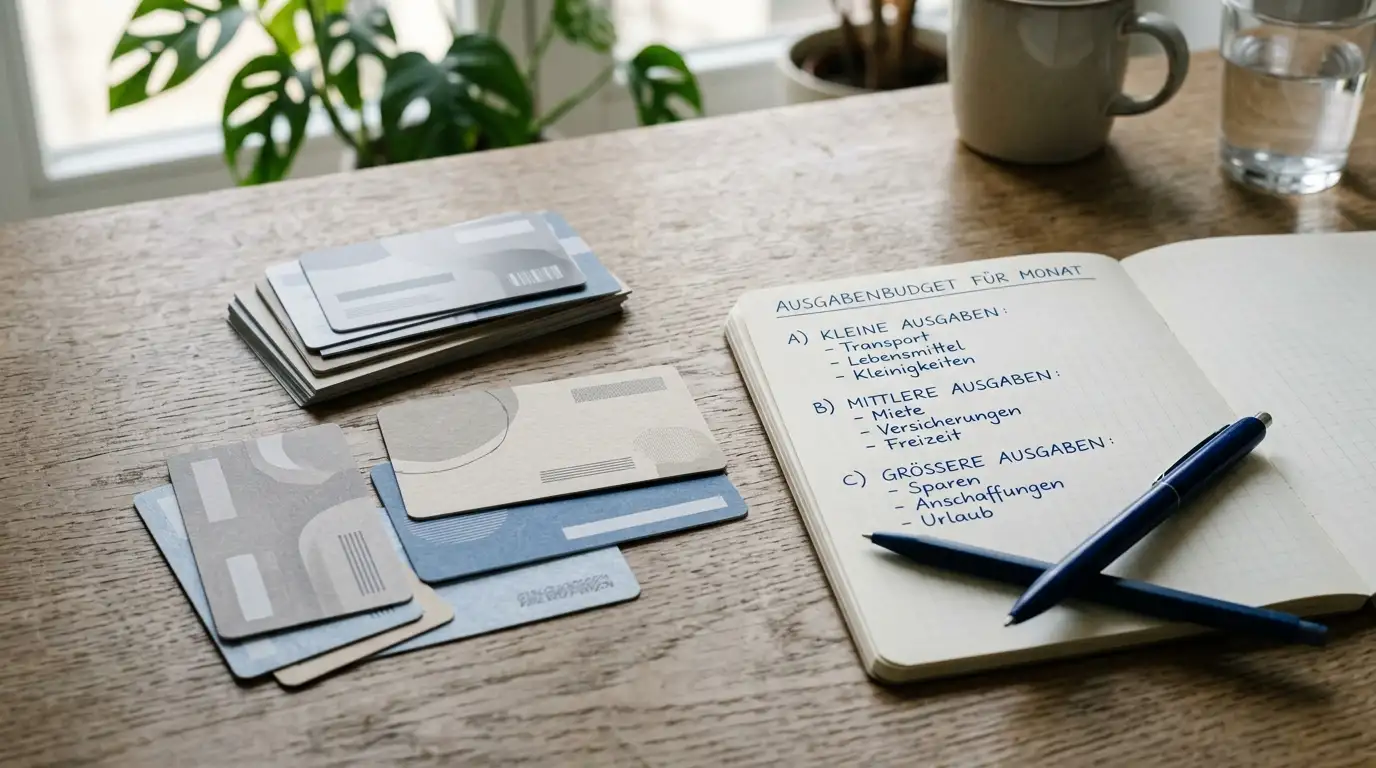 Paysafecard-Gutscheine mit kleinen Betragsstufen neben einem persönlichen Budgetplan
