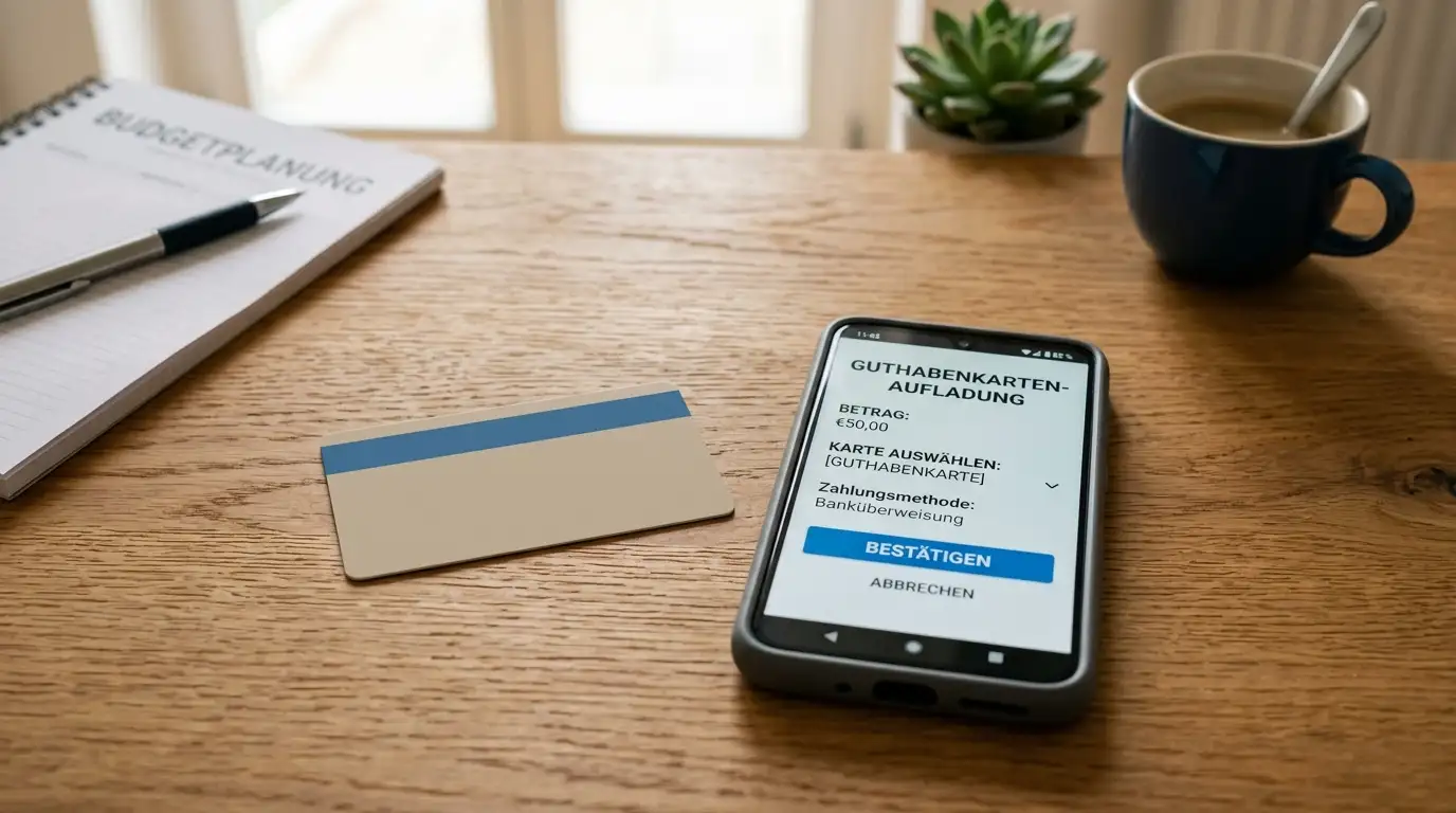 Prepaid-Karte neben Smartphone mit Zahlungs-Interface auf Schreibtisch
