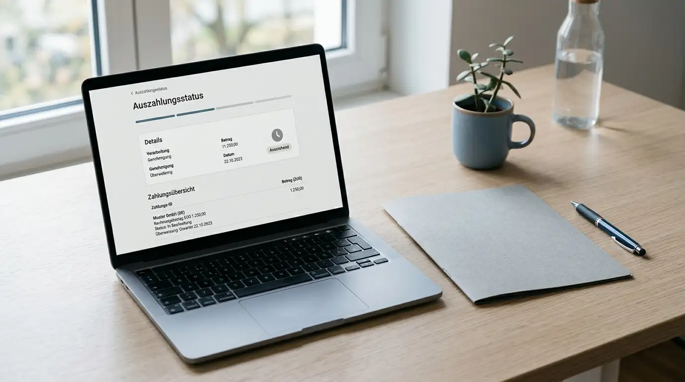 Neutrale Auszahlungskontrolle mit Laptop, Dokumenten und ruhiger Arbeitsumgebung