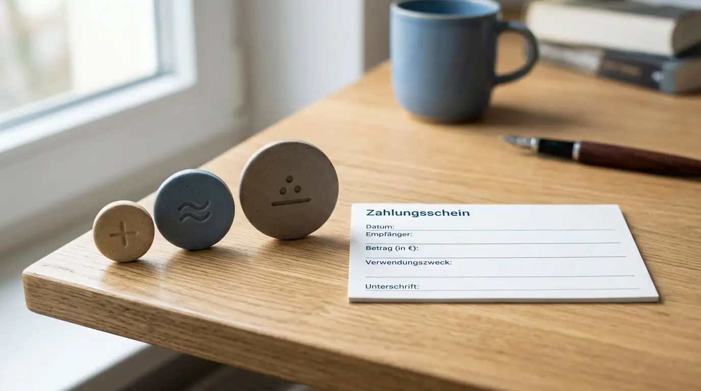 Drei neutrale Wertmarken mit den Beträgen 1, 5 und 10 Euro auf einem Schreibtisch