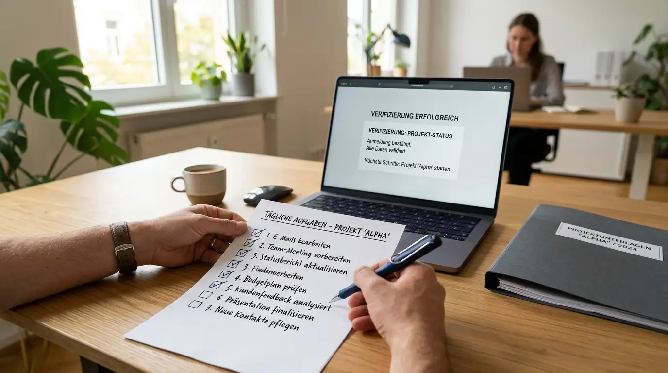 Person mit Stift und neutraler Prüfliste zu Lizenz, Zahlung und Spielerschutz