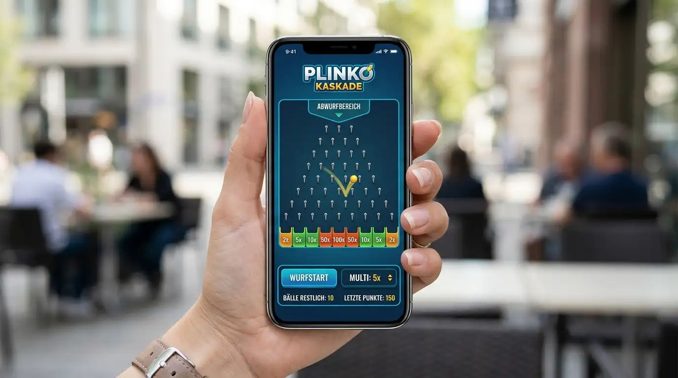 Smartphone in Hand zeigt responsive Plinko-Oberfläche