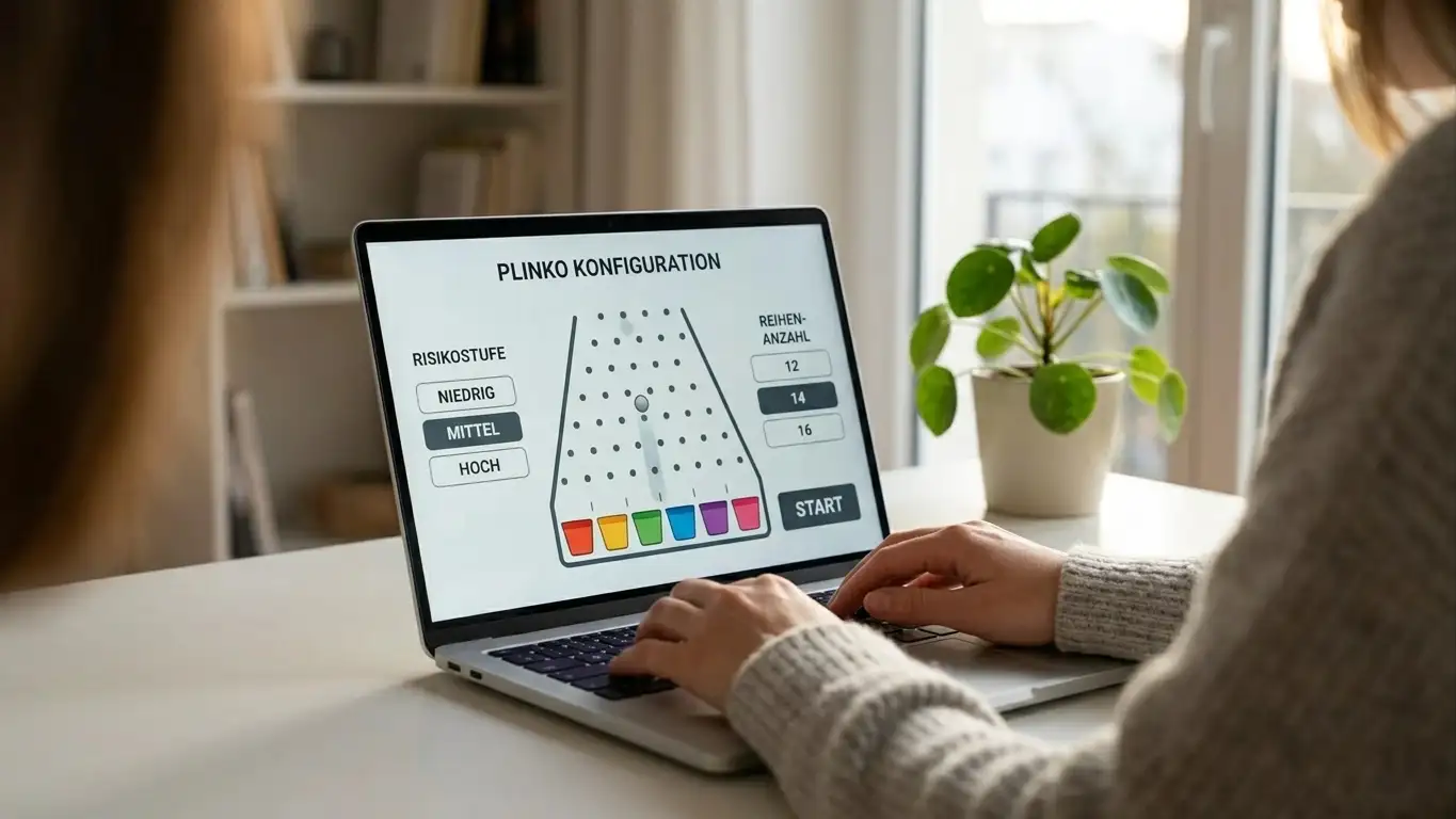 Person am Laptop mit Plinko-Spieloberfläche und Risikoeinstellungen