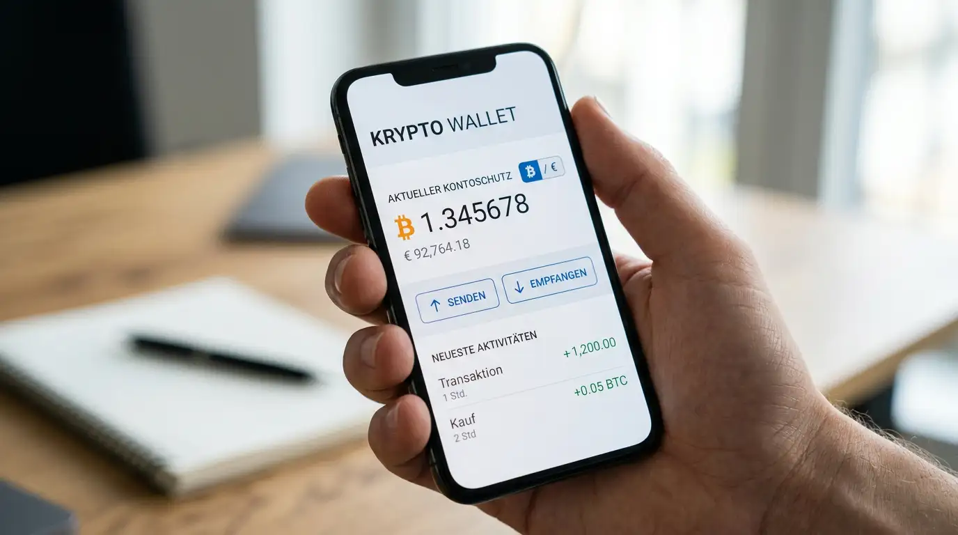 Smartphone zeigt Krypto-Wallet mit Bitcoin und Euro-Einzahlungsoptionen
