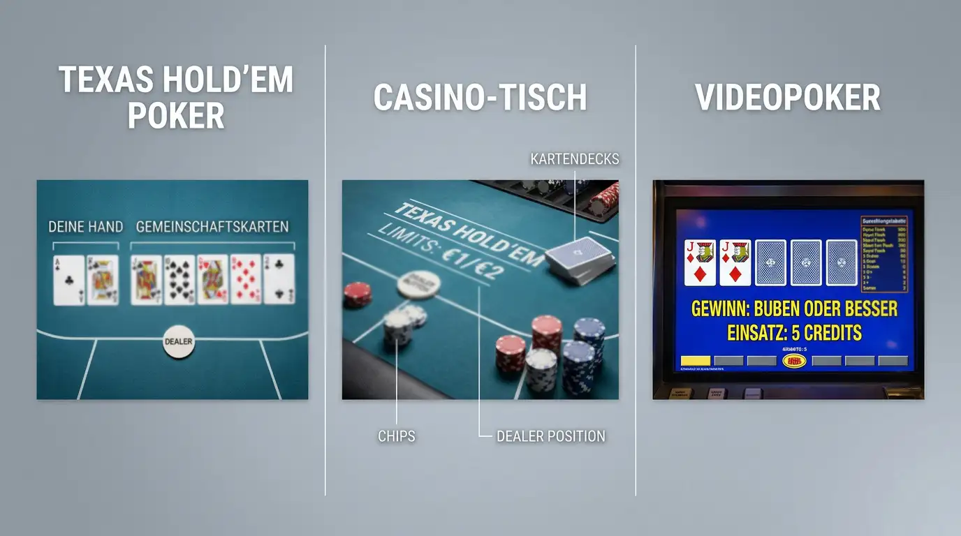 Verschiedene Poker-Spielvarianten dargestellt durch Karten, Chips und digitale Elemente