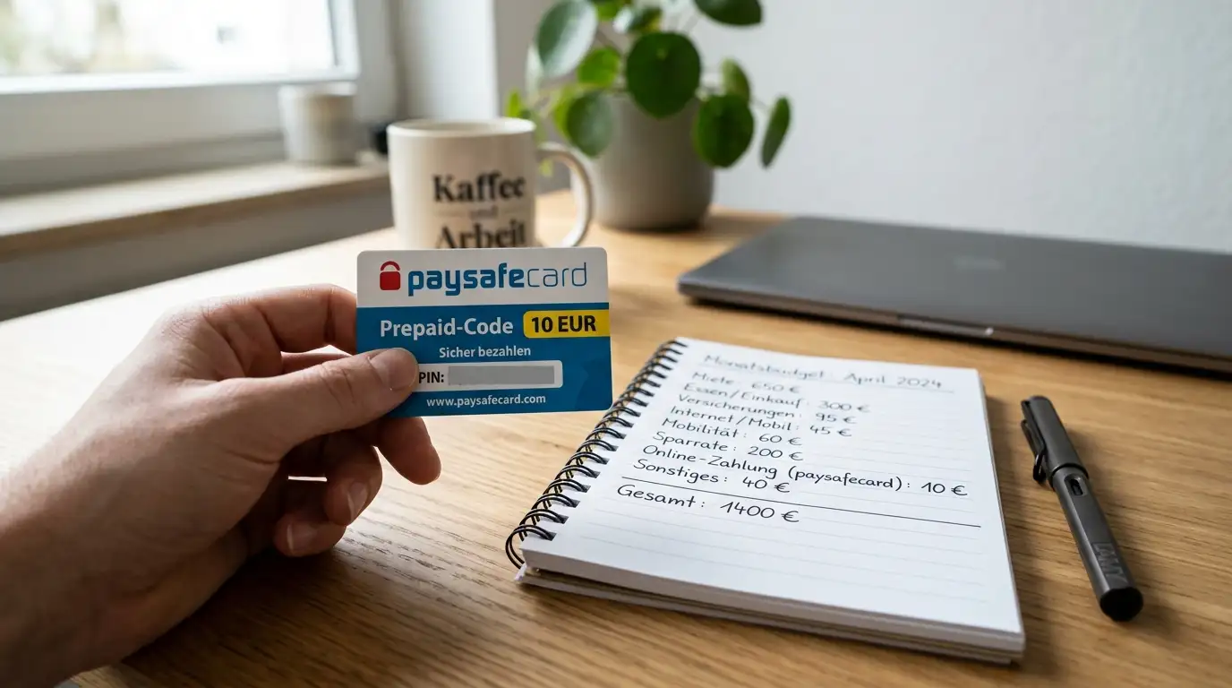 Hand hält paysafecard-Karte mit verdecktem PIN-Code, daneben Notizblock mit Budget-Plan