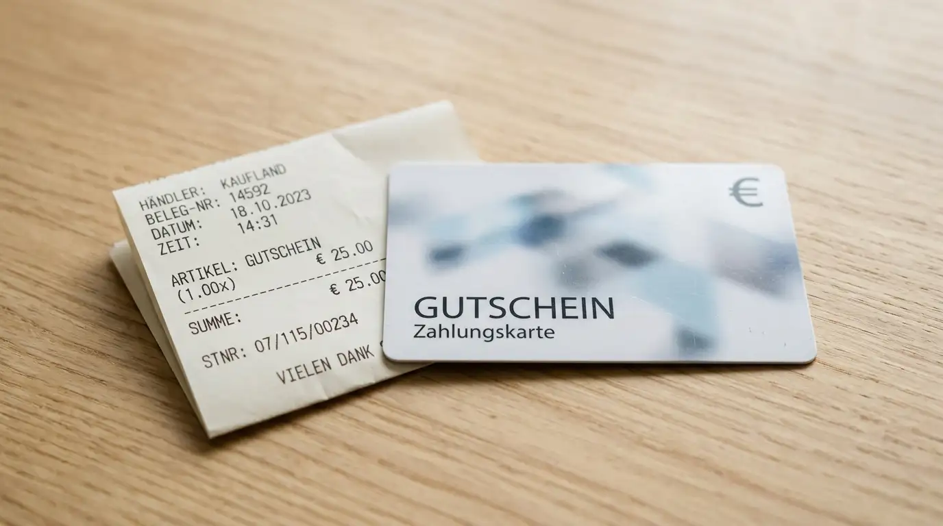 Neutrale Prepaid-Voucher-Karte mit abstraktem Euro-Zeichen auf einem Tisch