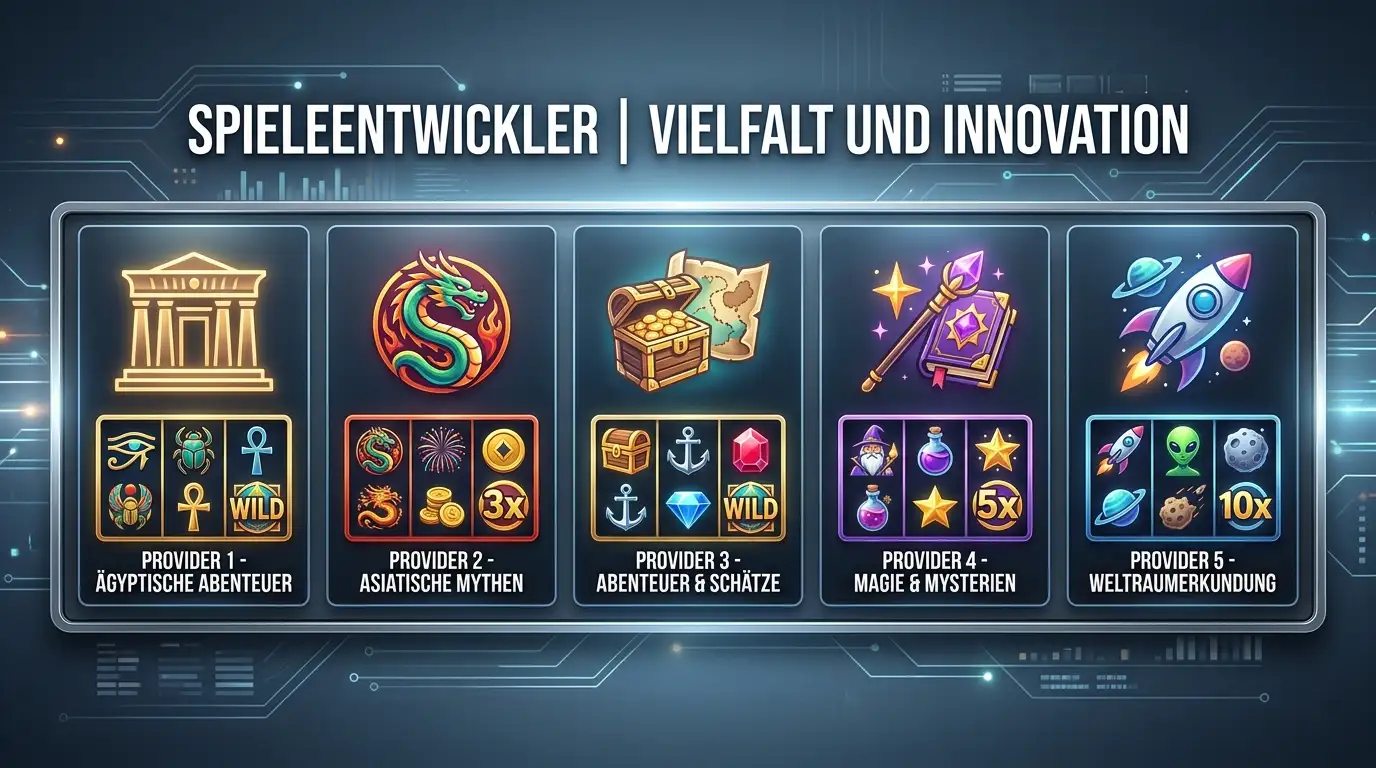 Fünf verschiedene Provider-Logos als generische Symbole mit Slot-Walzen und unterschiedlichen Mechanik-Symbolen