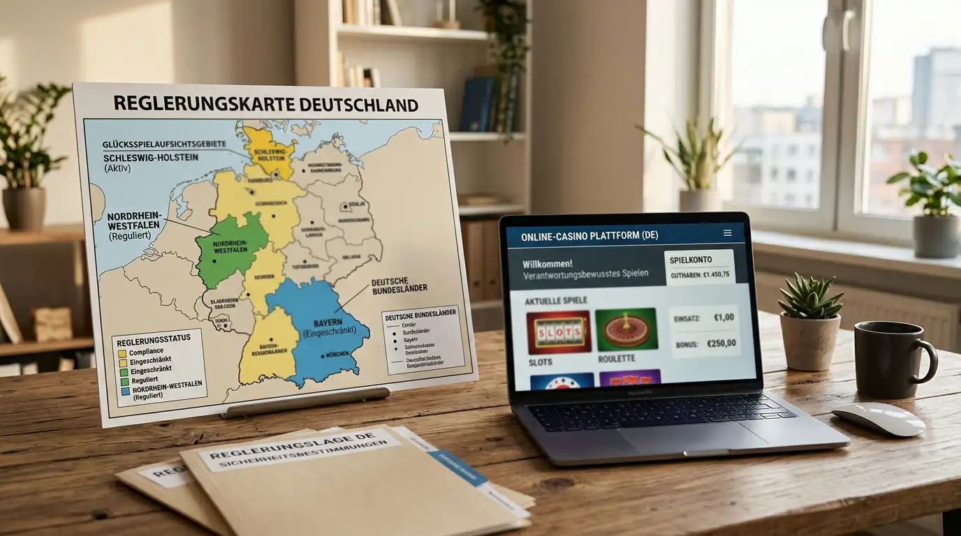 Deutschlandkarte mit markierten Regulierungsgebieten und einem Laptop mit Online-Casino-Oberfläche