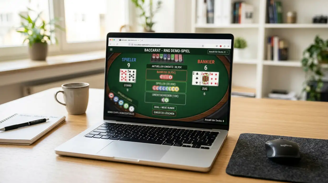 Browser-Oberfläche mit einer RNG-Baccarat-Demo und Spielgeld-Chips