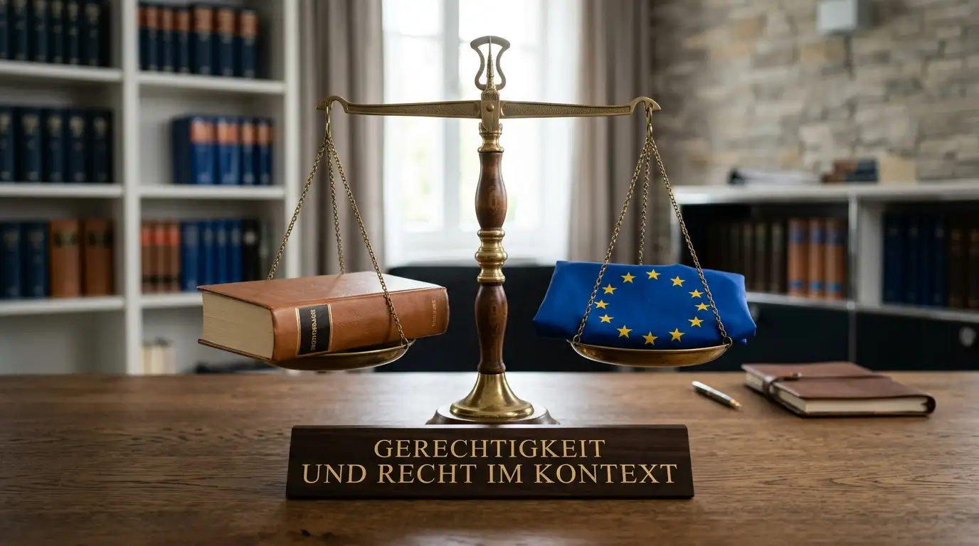 Waage mit Gesetzbuch und EU-Flagge symbolisiert rechtliche Grauzone