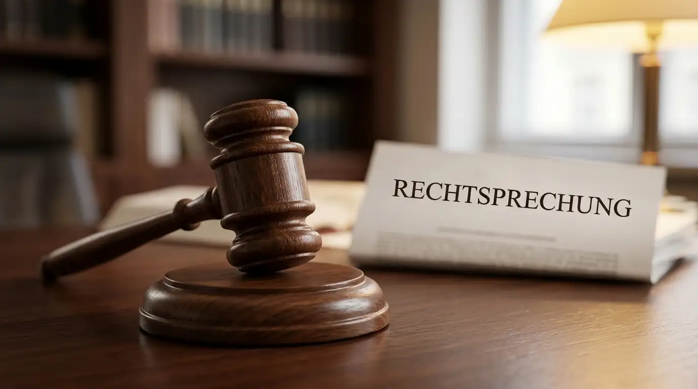 Richterhammer auf poliertem Schreibtisch mit verschwommenem Rechtsdokument