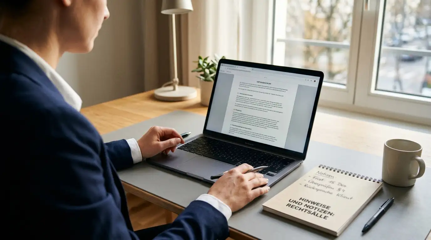 Person liest Gesetzestext am Laptop mit Notizen