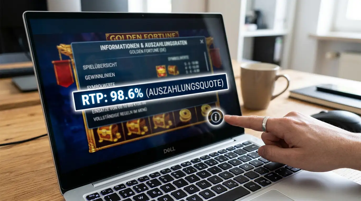 Laptop mit geöffnetem Slot-Infofenster und sichtbarer RTP-Angabe