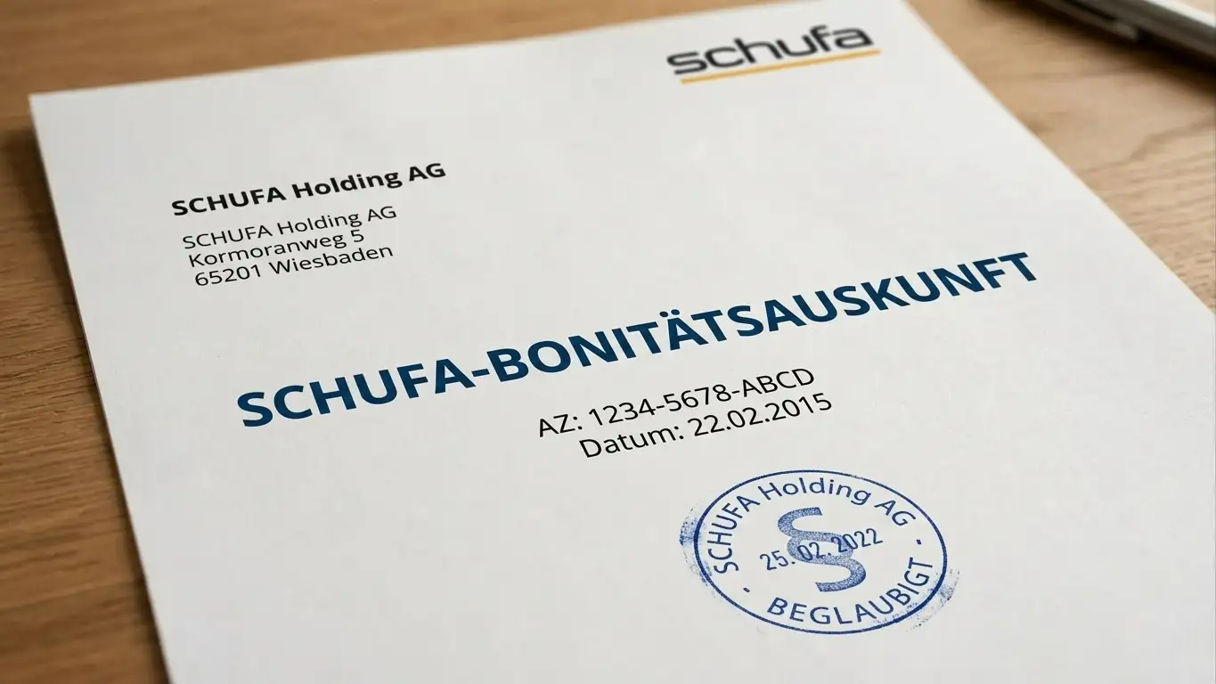 Nahaufnahme eines offiziellen Dokuments der Schufa Holding AG mit Stempel