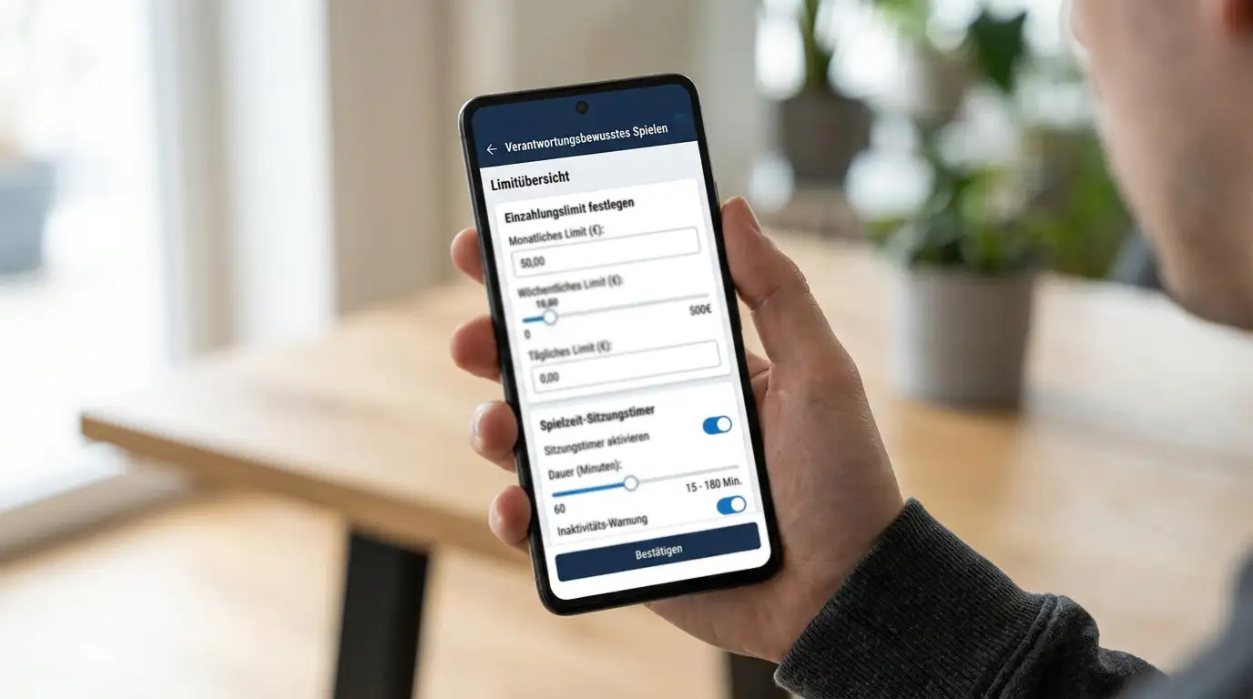 Smartphone mit Casino-App und Responsible-Gaming-Einstellungen für Limits