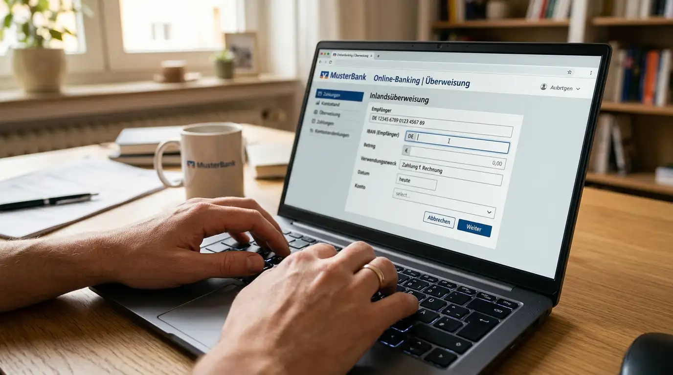 Nahaufnahme von Händen am Laptop mit Online-Banking-Überweisungsformular auf dem Bildschirm